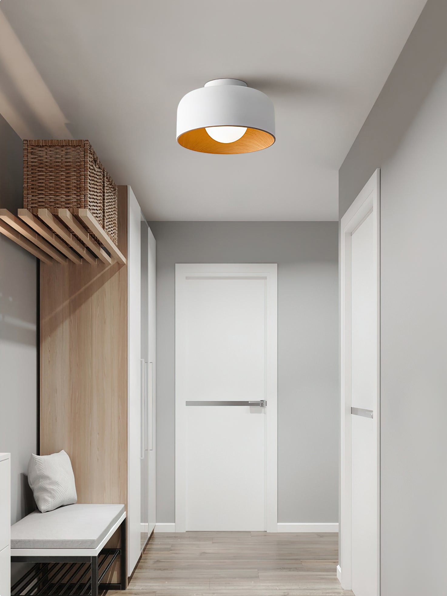 Modern Spherical Glass Globe Flush Mount Ceiling Light with Wood Grain Trim