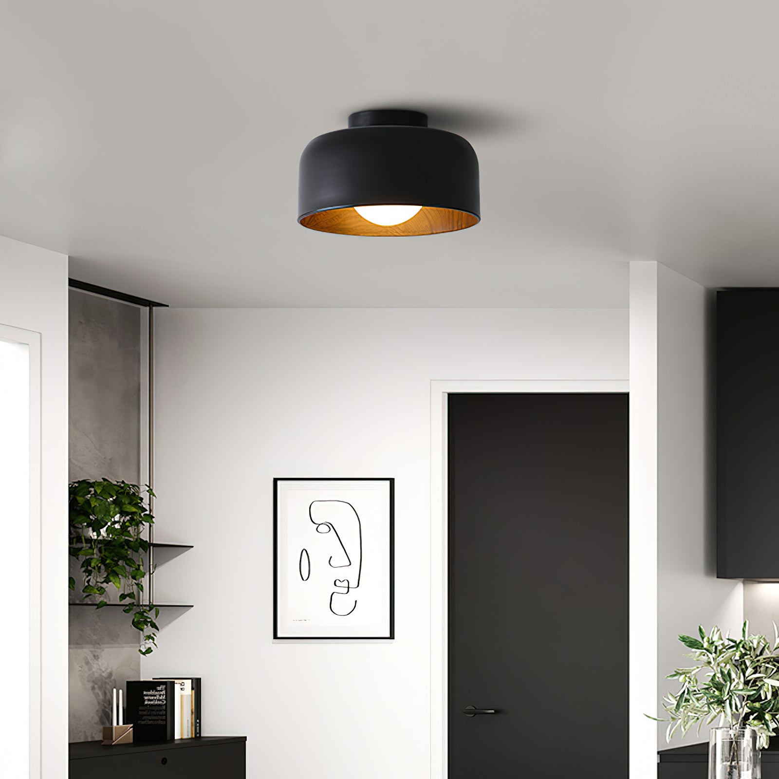 Modern Spherical Glass Globe Flush Mount Ceiling Light with Wood Grain Trim