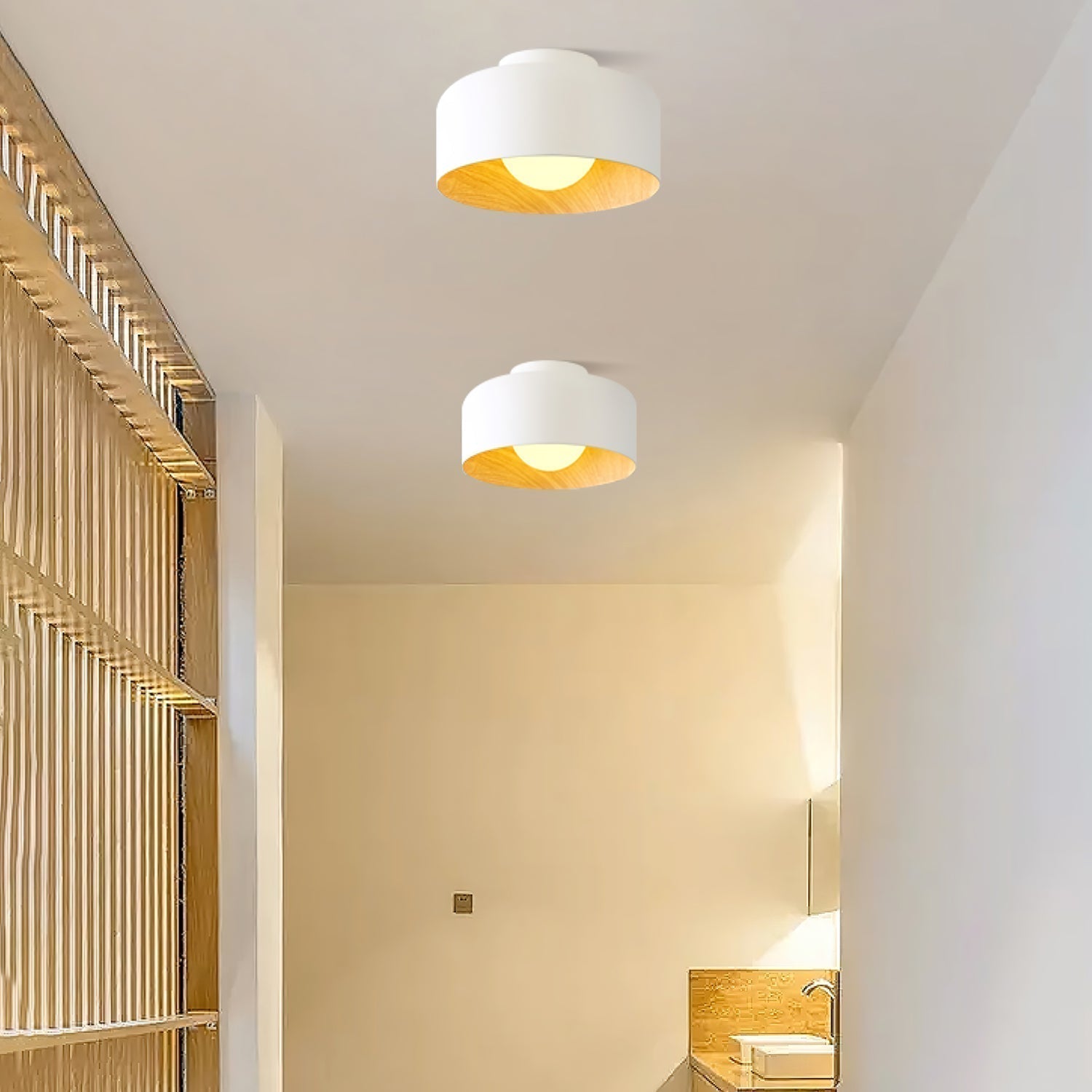 Modern Spherical Glass Globe Flush Mount Ceiling Light with Wood Grain Trim