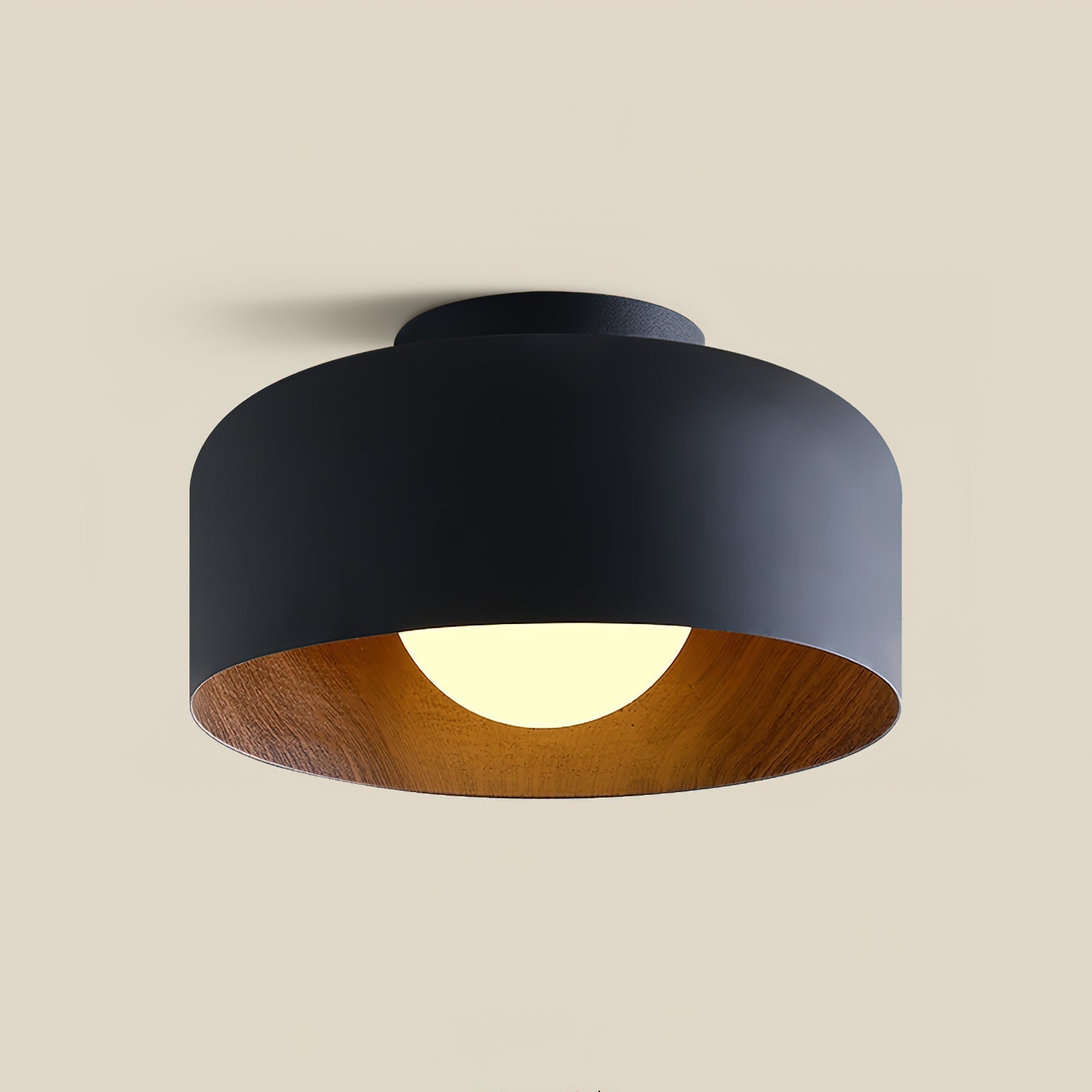 Modern Spherical Glass Globe Flush Mount Ceiling Light with Wood Grain Trim