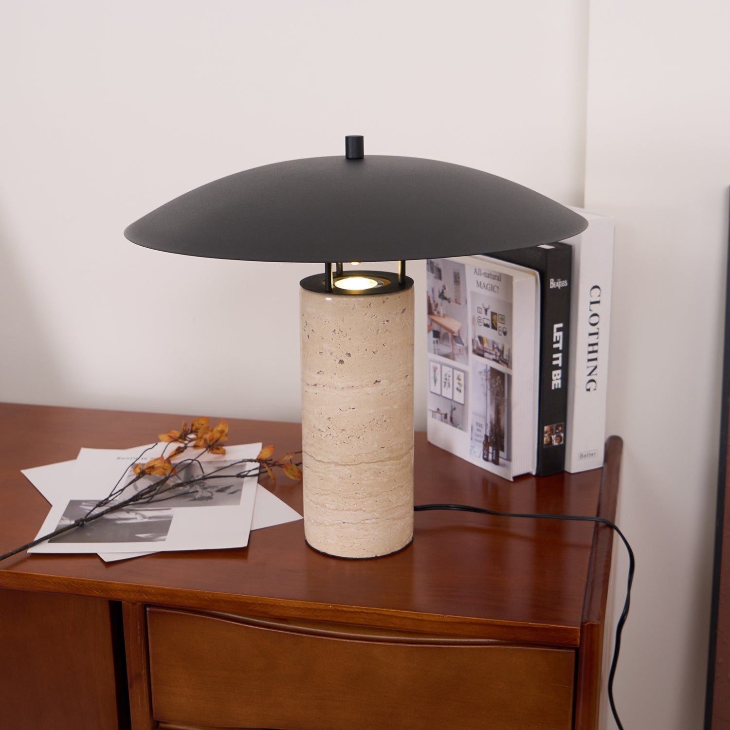 Modern Geometric Travertine LED Bedside Lamp with Adjustable Color Temperature