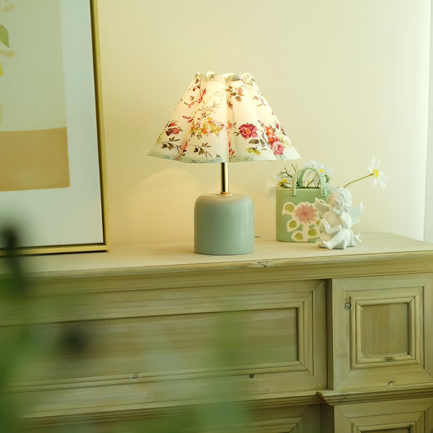 Handcrafted Etched Ceramic Table Lamp with Fabric Shade for Bedside and Living Room Decor