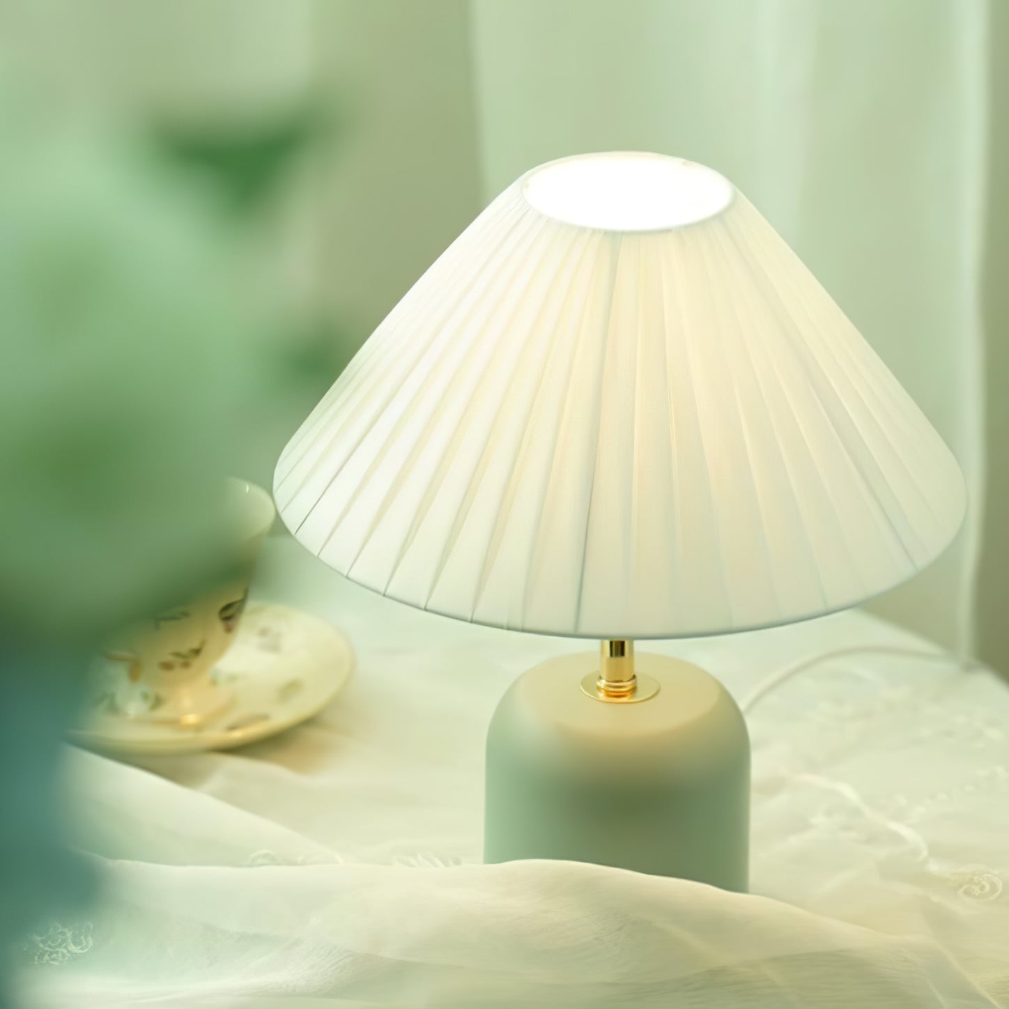 Handcrafted Etched Ceramic Table Lamp with Fabric Shade for Bedside and Living Room Decor