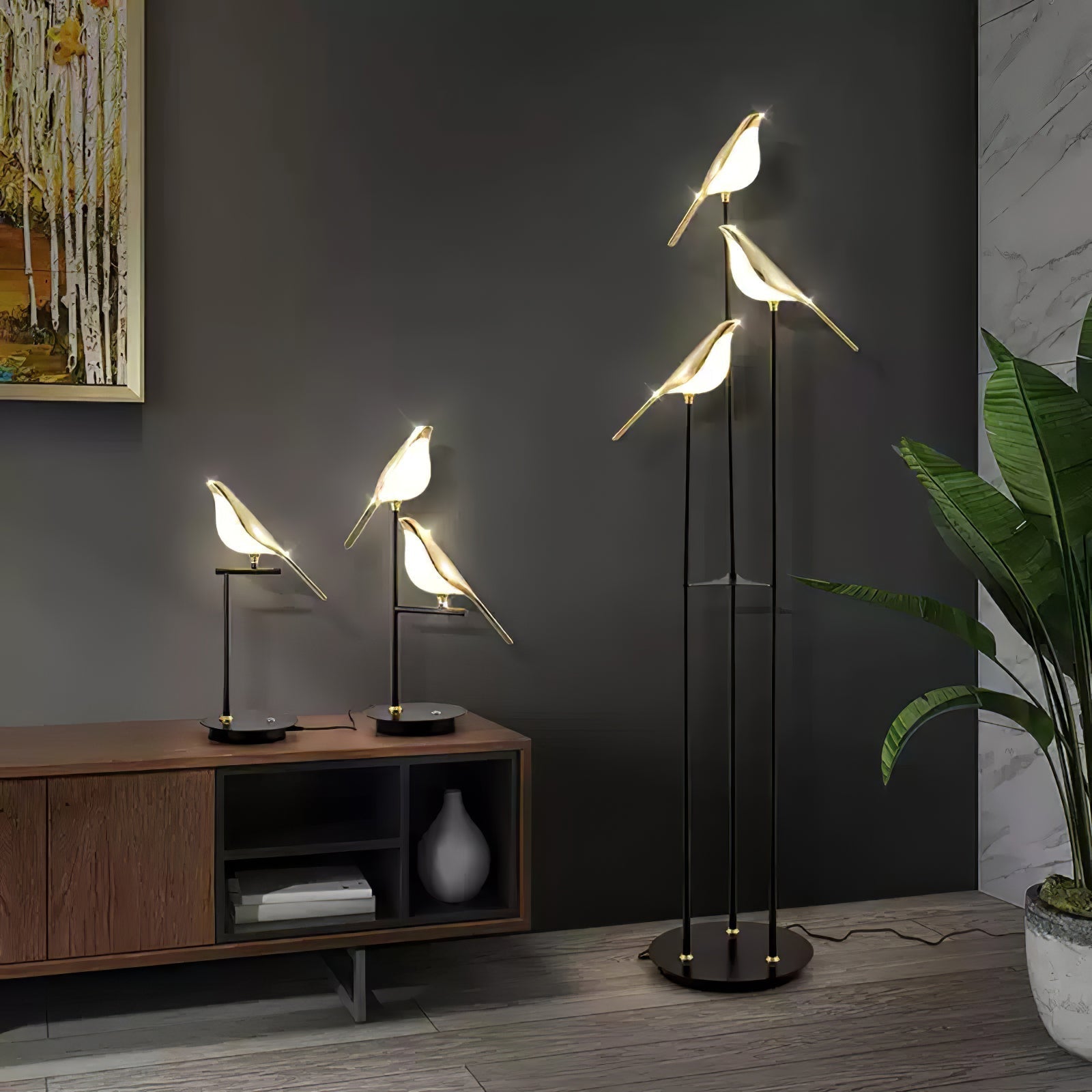 Magpie Perch LED Bird Floor Lamp Modern Minimalist Standing Torchiere Light Gold and Black
