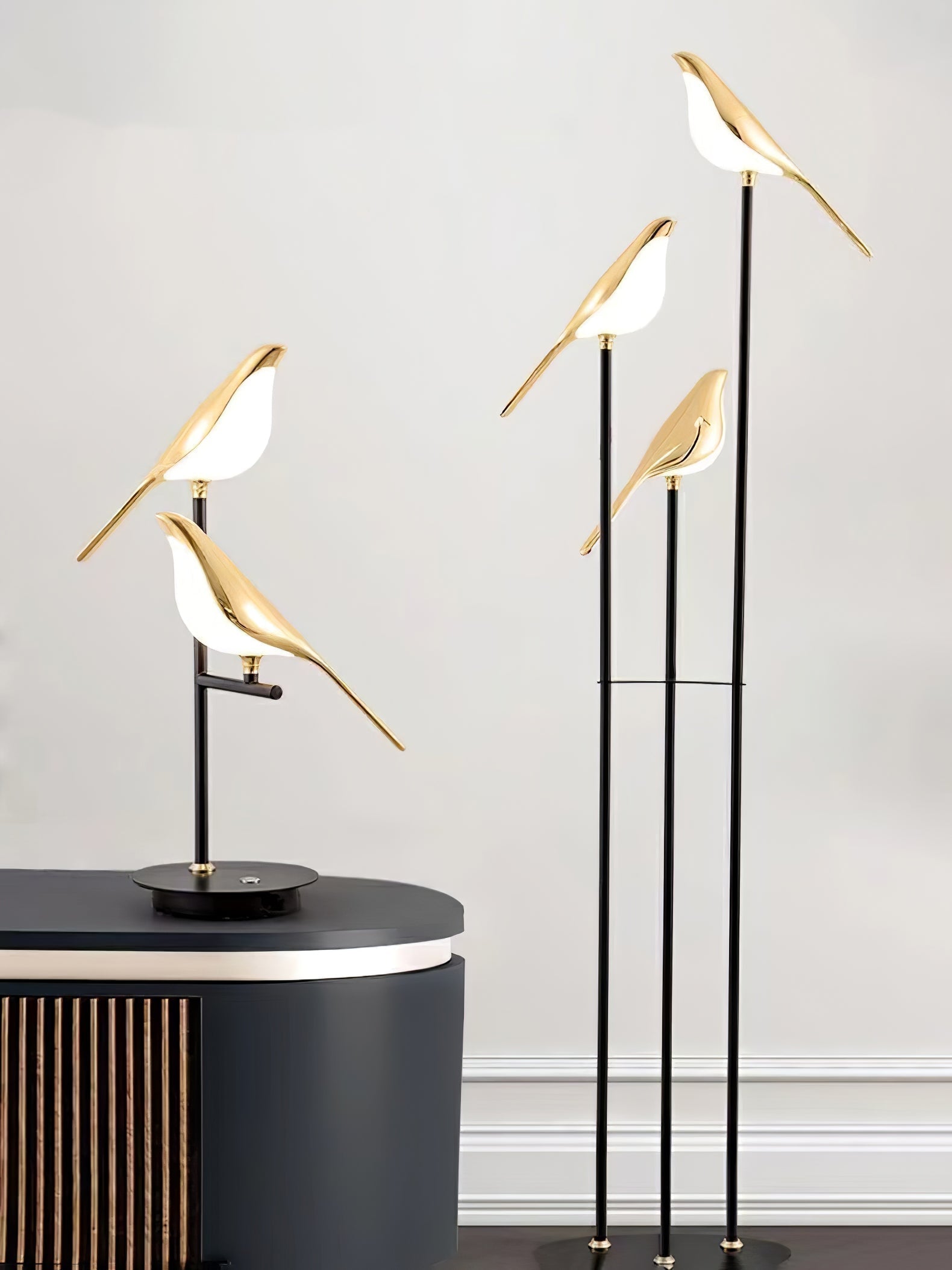 Magpie Perch LED Bird Floor Lamp Modern Minimalist Standing Torchiere Light Gold and Black