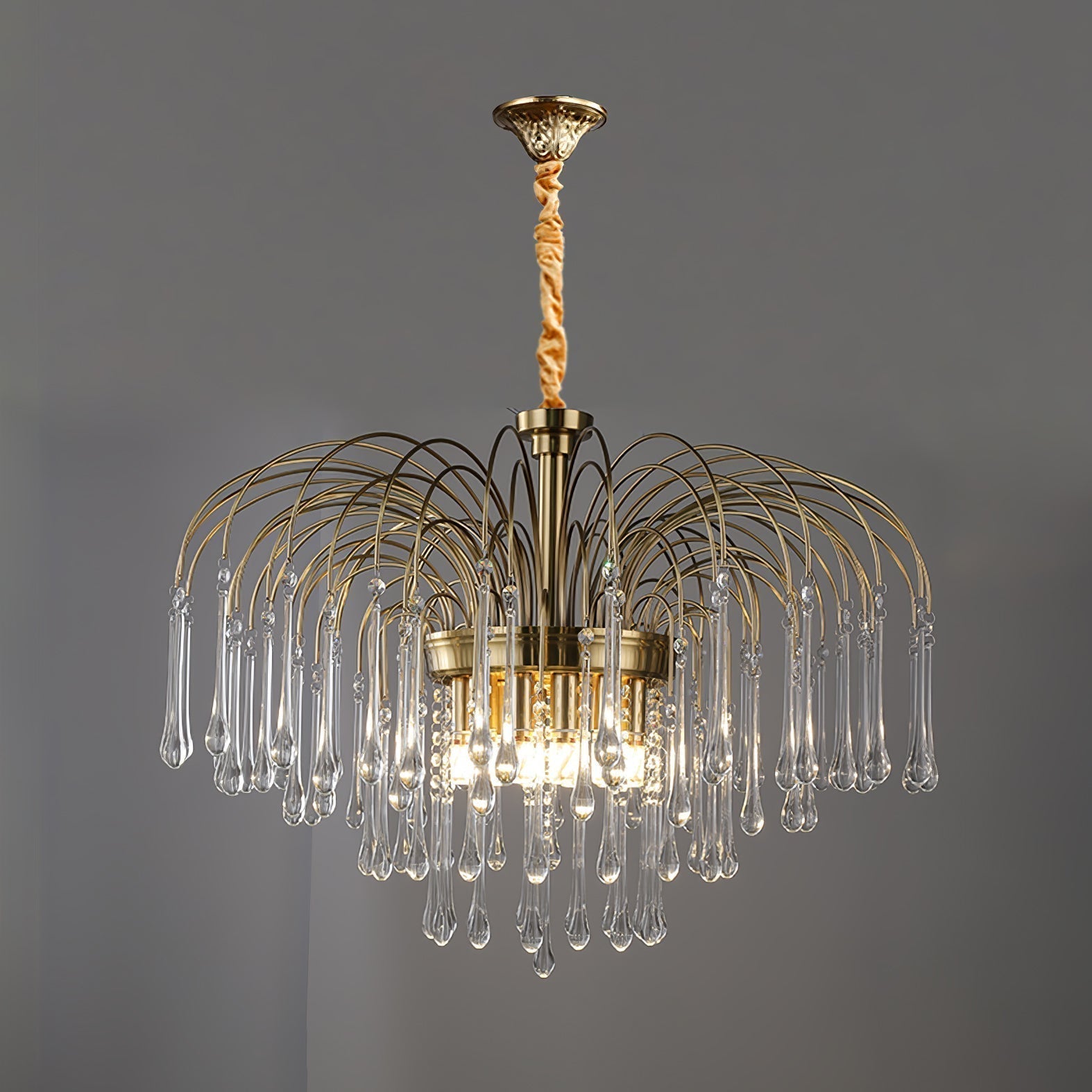 Elegant Crystal Glass Gasolier Chandelier in Brass Finish for Dining Room Lighting