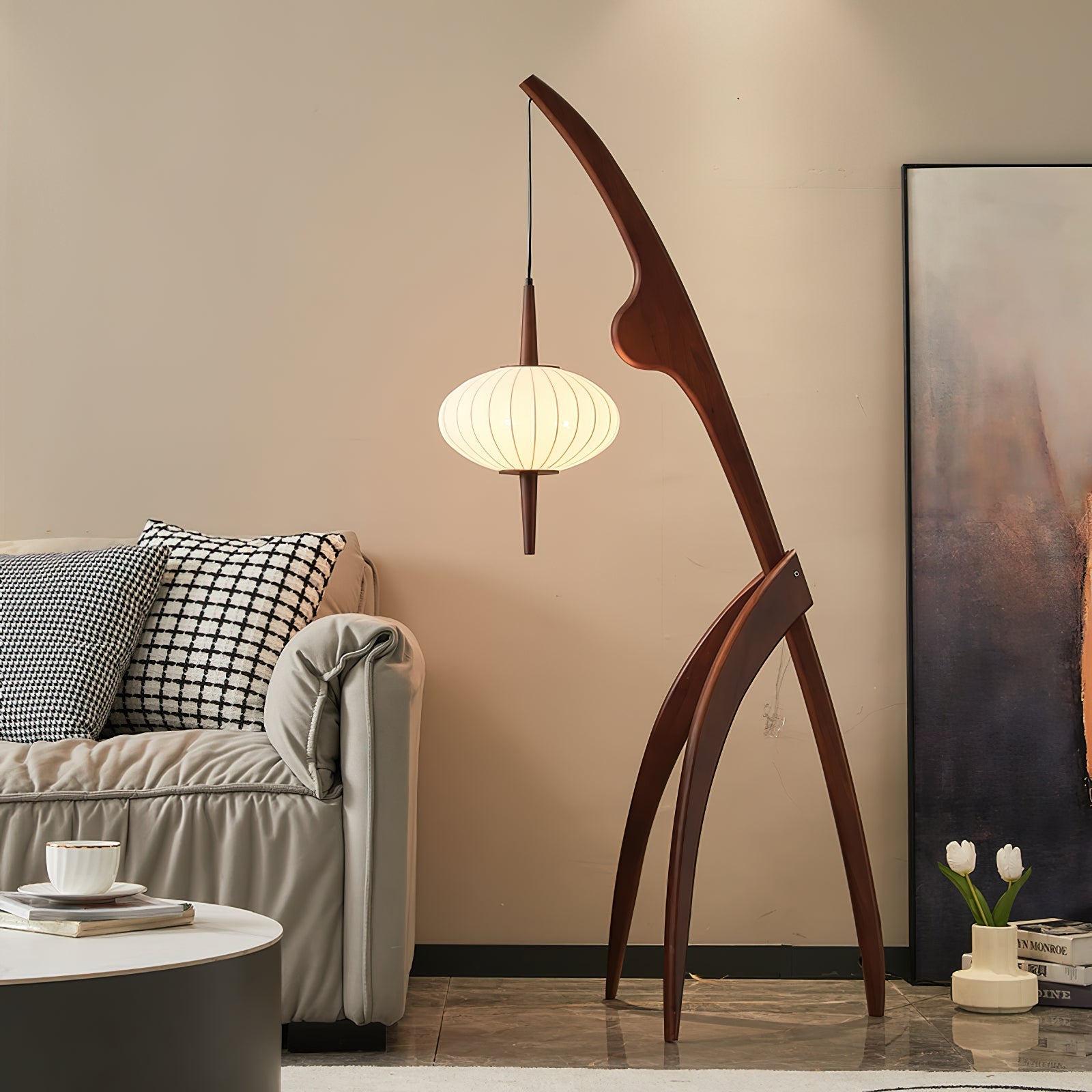 Mantis Wood Sculptural Floor Lamp with Silk Shade for Modern Ambient Living Room Lighting