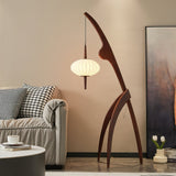 Mantis Wood Sculptural Floor Lamp with Silk Shade for Modern Ambient Living Room Lighting