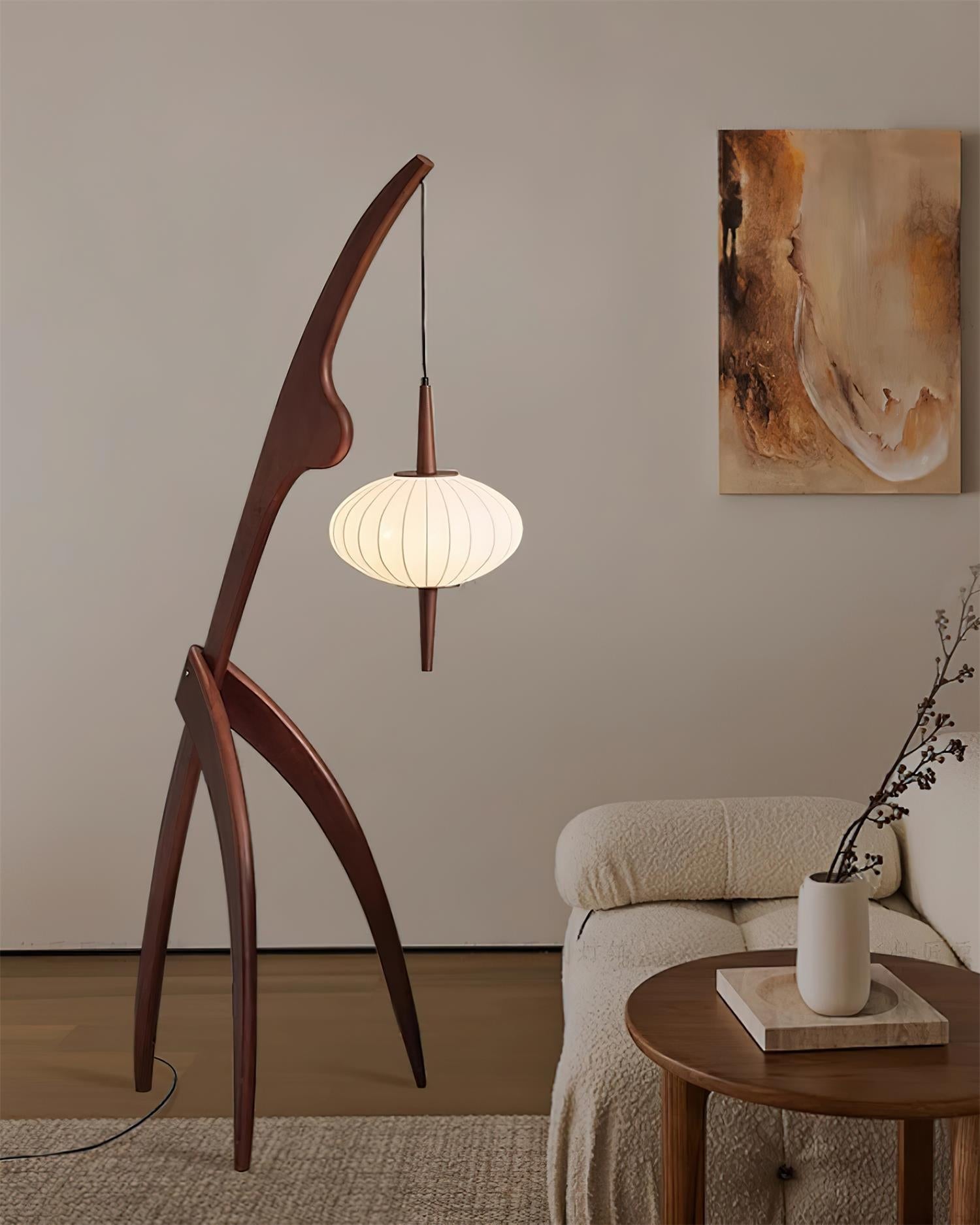 Mantis Wood Sculptural Floor Lamp with Silk Shade for Modern Ambient Living Room Lighting