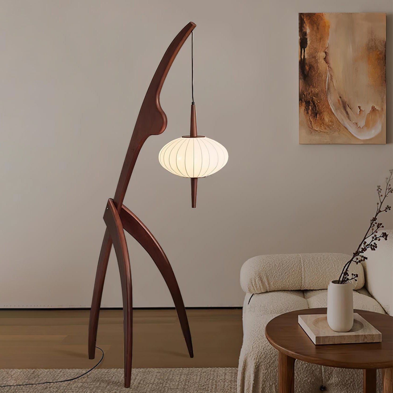 Mantis Wood Sculptural Floor Lamp with Silk Shade for Modern Ambient Living Room Lighting