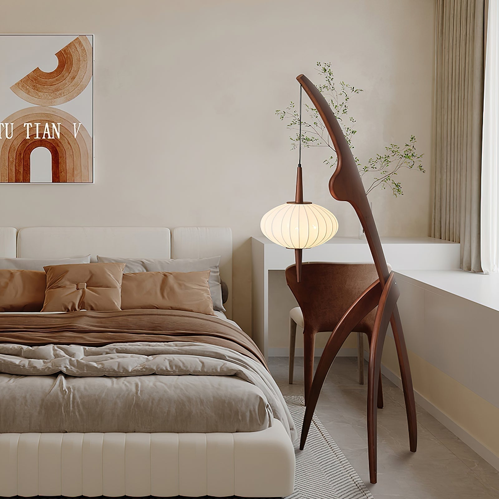 Mantis Wood Sculptural Floor Lamp with Silk Shade for Modern Ambient Living Room Lighting