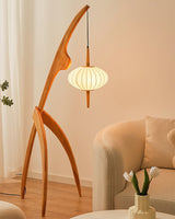 Mantis Wood Sculptural Floor Lamp with Silk Shade for Modern Ambient Living Room Lighting