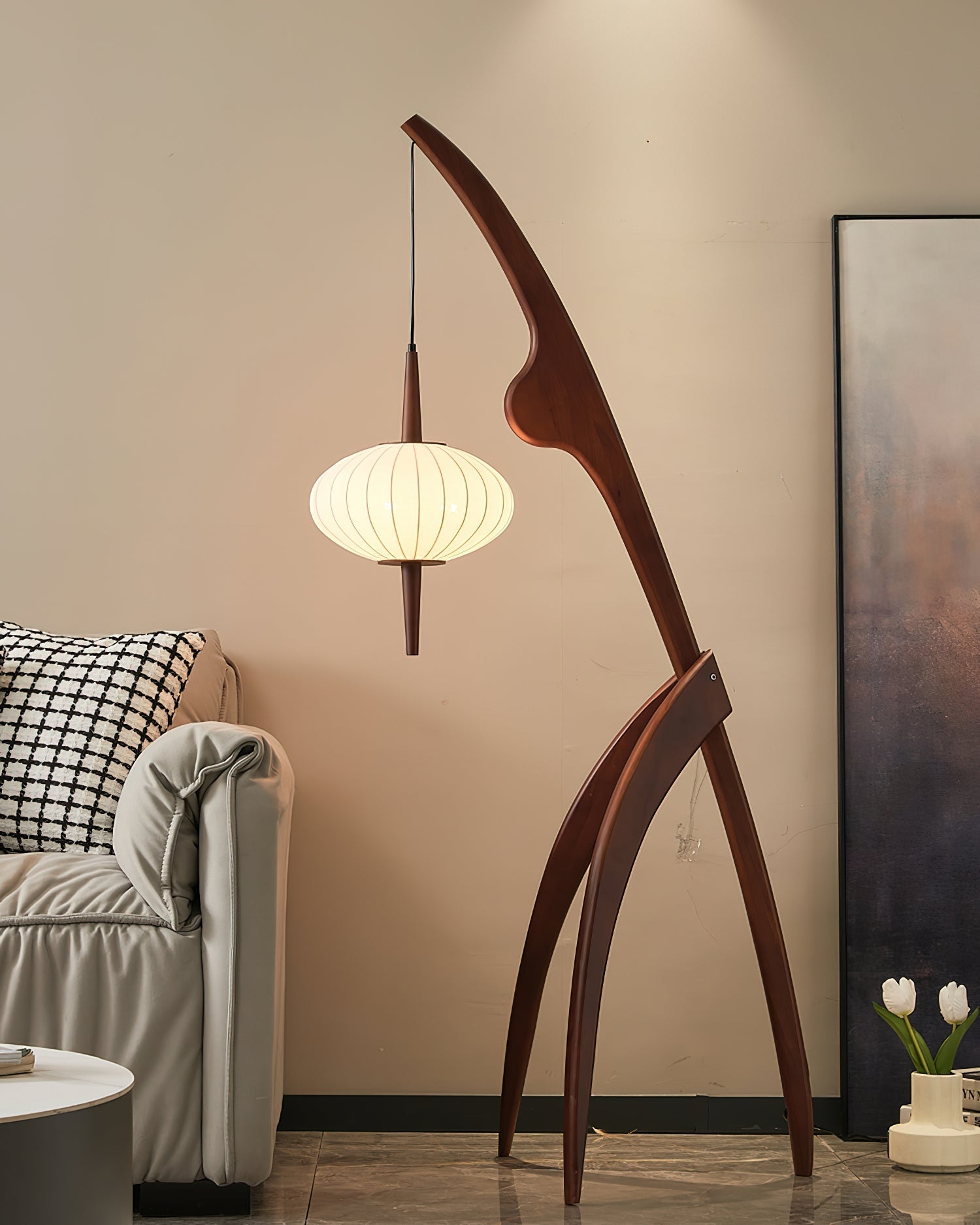 Mantis Wood Sculptural Floor Lamp with Silk Shade for Modern Ambient Living Room Lighting