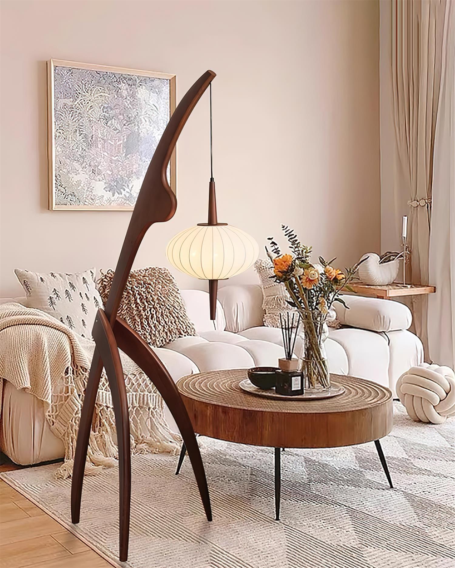 Mantis Wood Sculptural Floor Lamp with Silk Shade for Modern Ambient Living Room Lighting