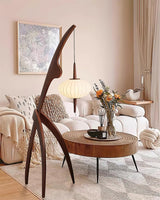 Mantis Wood Sculptural Floor Lamp with Silk Shade for Modern Ambient Living Room Lighting