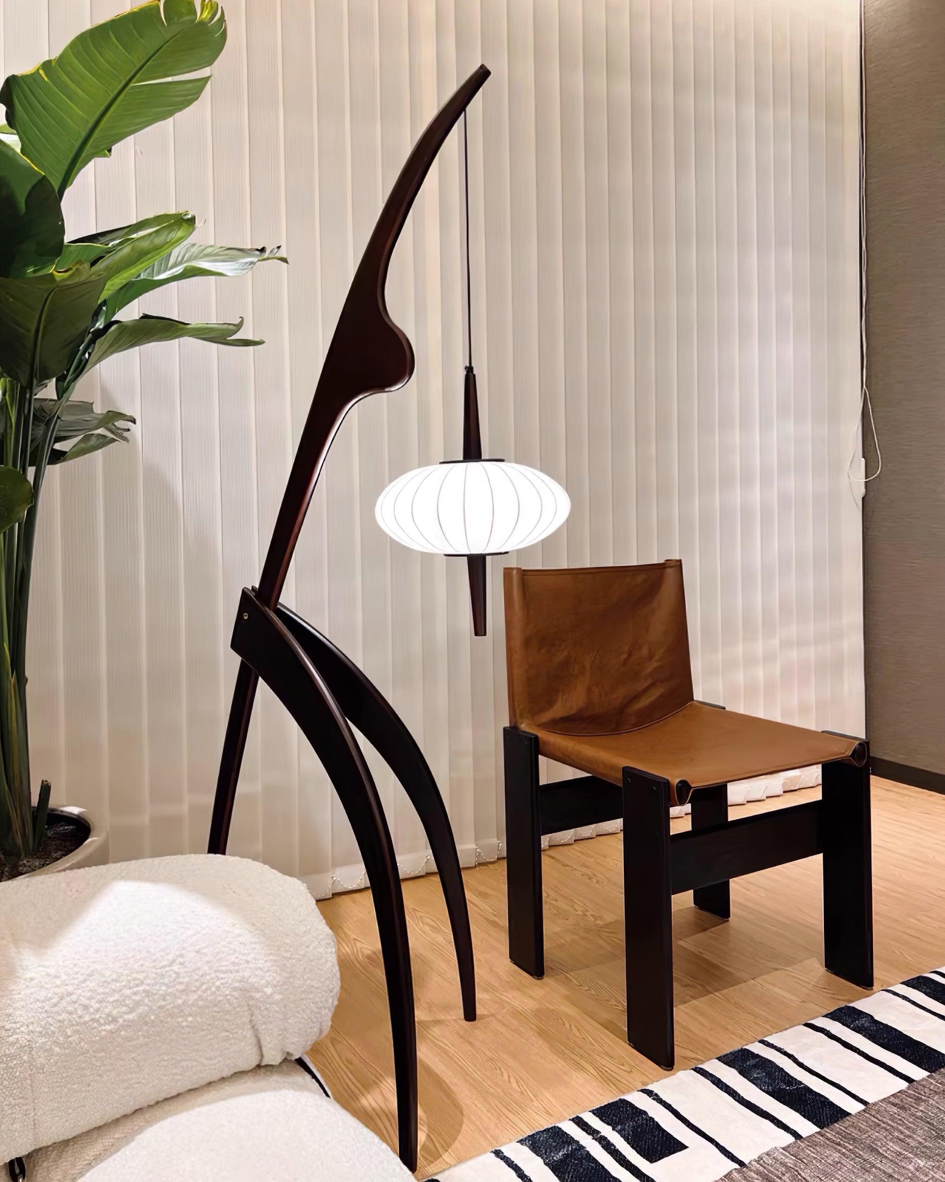 Mantis Wood Sculptural Floor Lamp with Silk Shade for Modern Ambient Living Room Lighting