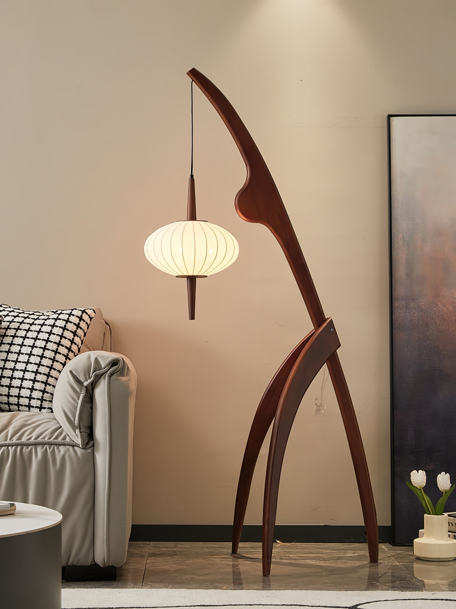 Mantis Wood Sculptural Floor Lamp with Silk Shade for Modern Ambient Living Room Lighting