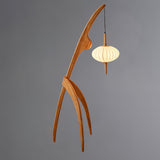 Mantis Wood Sculptural Floor Lamp with Silk Shade for Modern Ambient Living Room Lighting