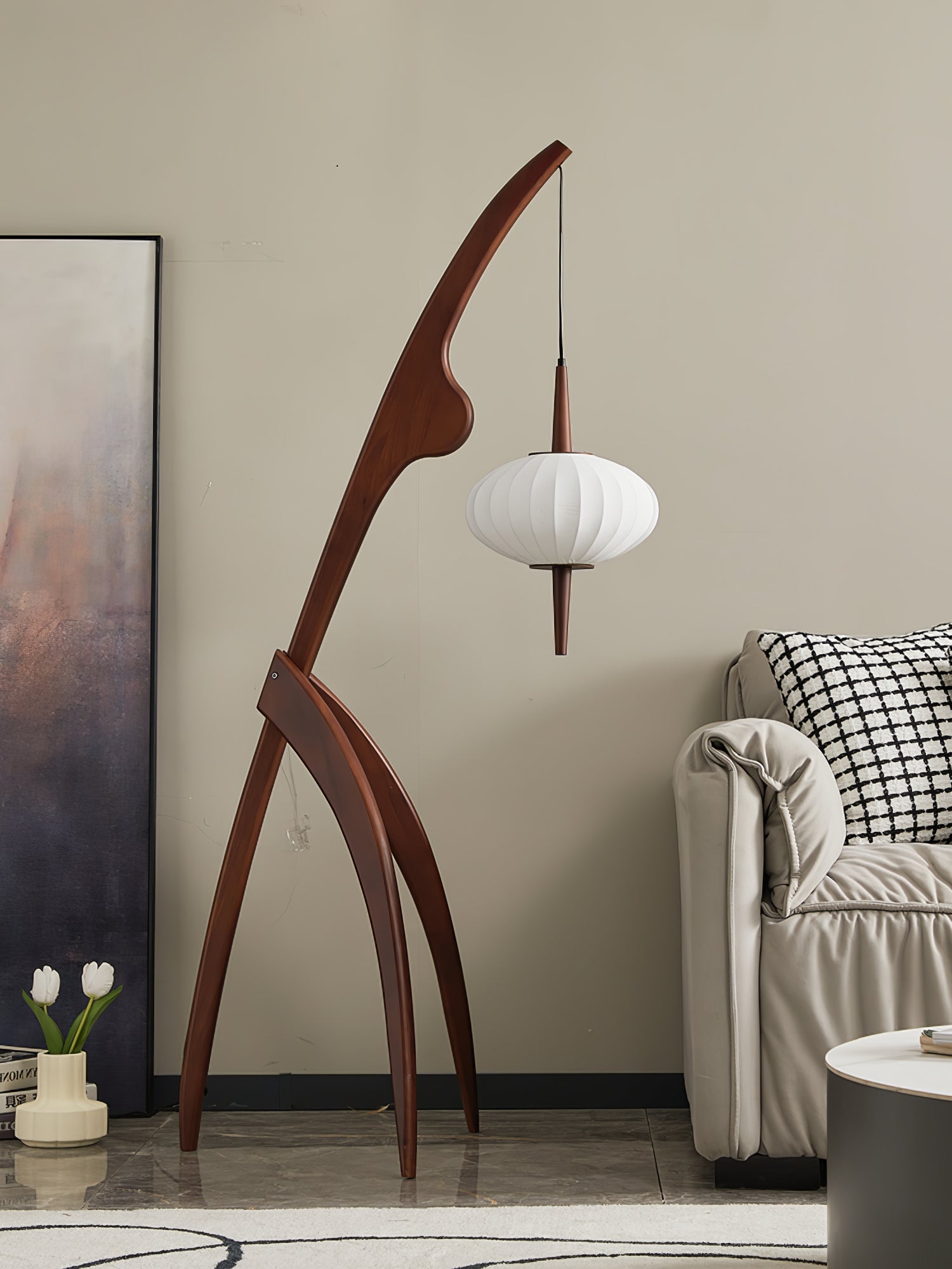Mantis Wood Sculptural Floor Lamp with Silk Shade for Modern Ambient Living Room Lighting