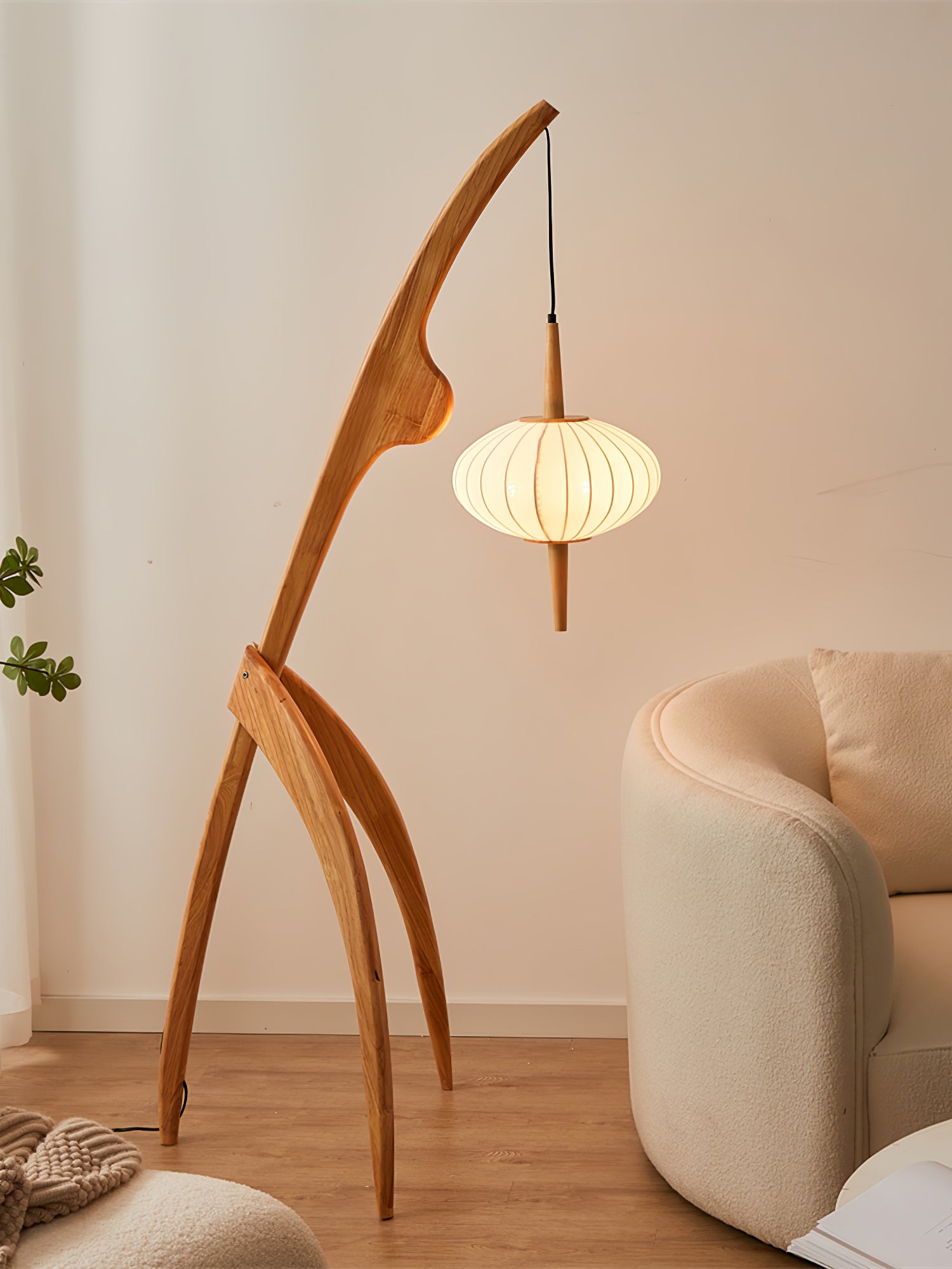 Mantis Wood Sculptural Floor Lamp with Silk Shade for Modern Ambient Living Room Lighting