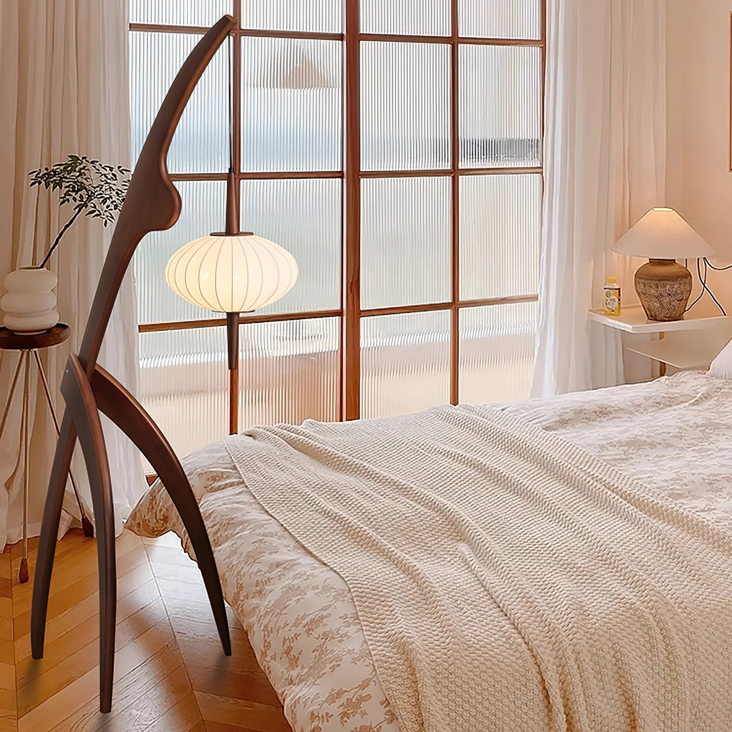 Mantis Wood Sculptural Floor Lamp with Silk Shade for Modern Ambient Living Room Lighting