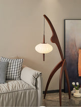 Mantis Wood Sculptural Floor Lamp with Silk Shade for Modern Ambient Living Room Lighting