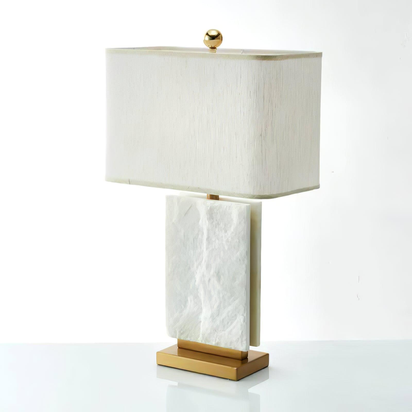 Elegant Marble and Brass Bedside Nightstand Table Lamp with Fabric Shade