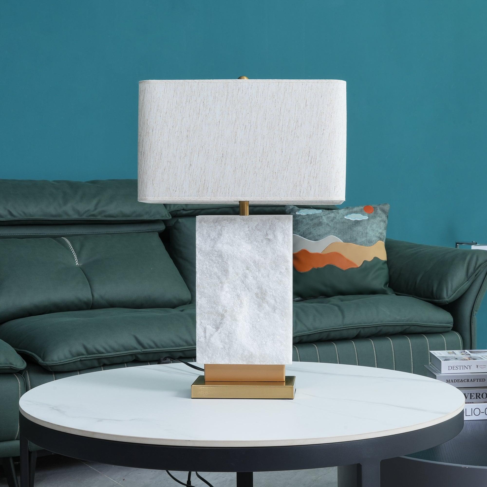 Elegant Marble and Brass Bedside Nightstand Table Lamp with Fabric Shade