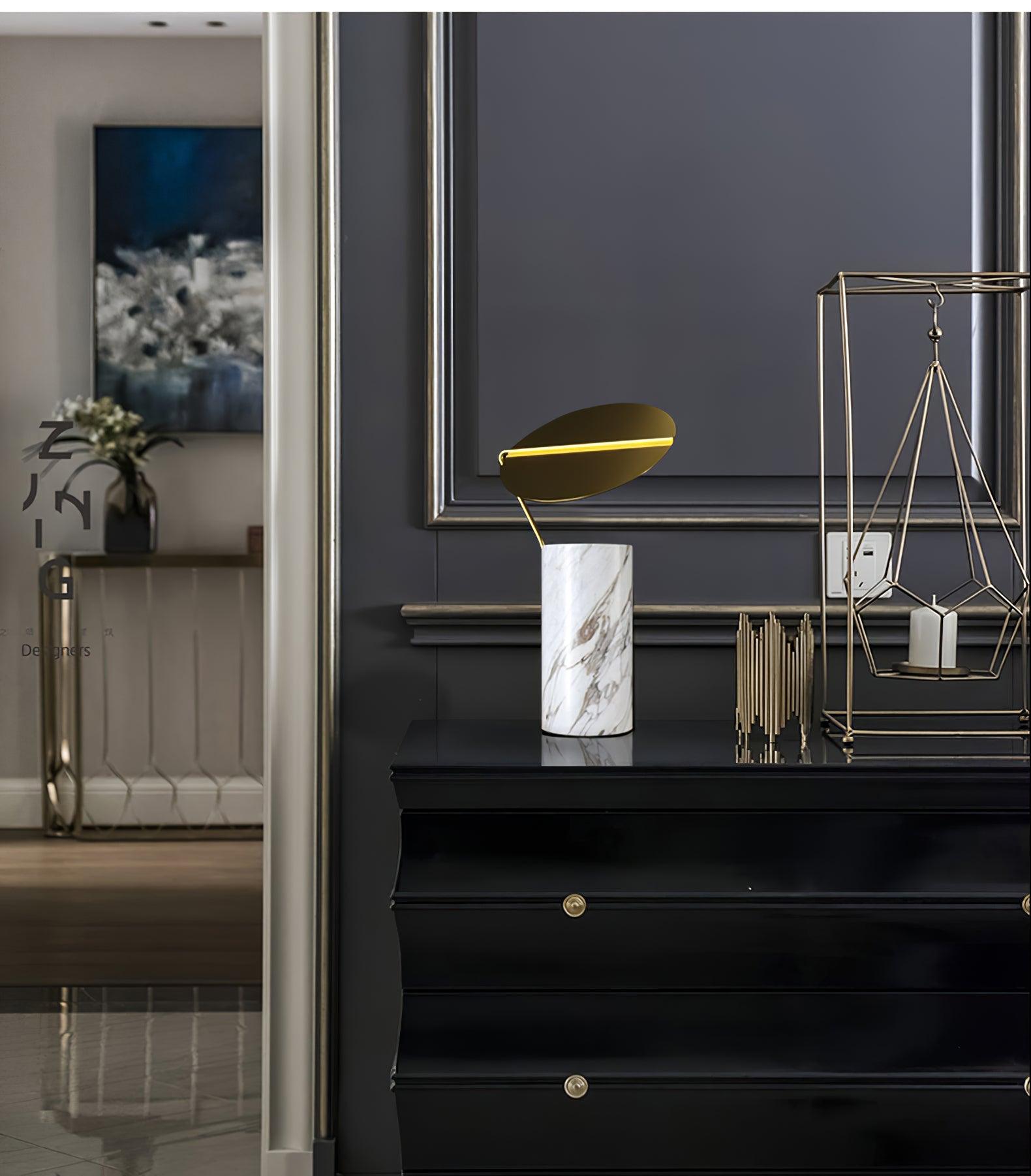 Modern Marble Geometric Base Table Lamp with Gold Shade for Bedside and Reading