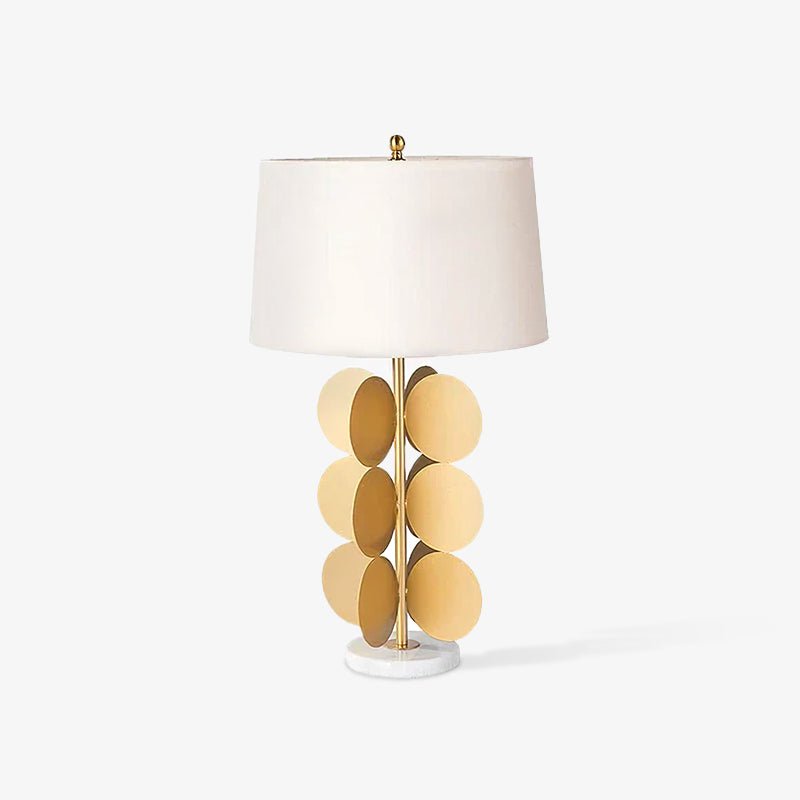 Sculptural Gold Metal Circle Table Lamp with Marble Base and White Fabric Shade for Modern Decor