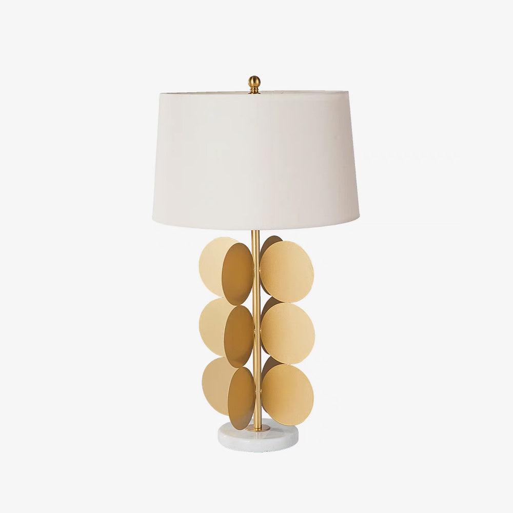 Sculptural Gold Metal Circle Table Lamp with Marble Base and White Fabric Shade for Modern Decor