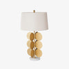 Sculptural Gold Metal Circle Table Lamp with Marble Base and White Fabric Shade for Modern Decor