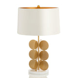 Sculptural Gold Metal Circle Table Lamp with Marble Base and White Fabric Shade for Modern Decor