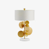 Sculptural Gold Metal Circle Table Lamp with Marble Base and White Fabric Shade for Modern Decor