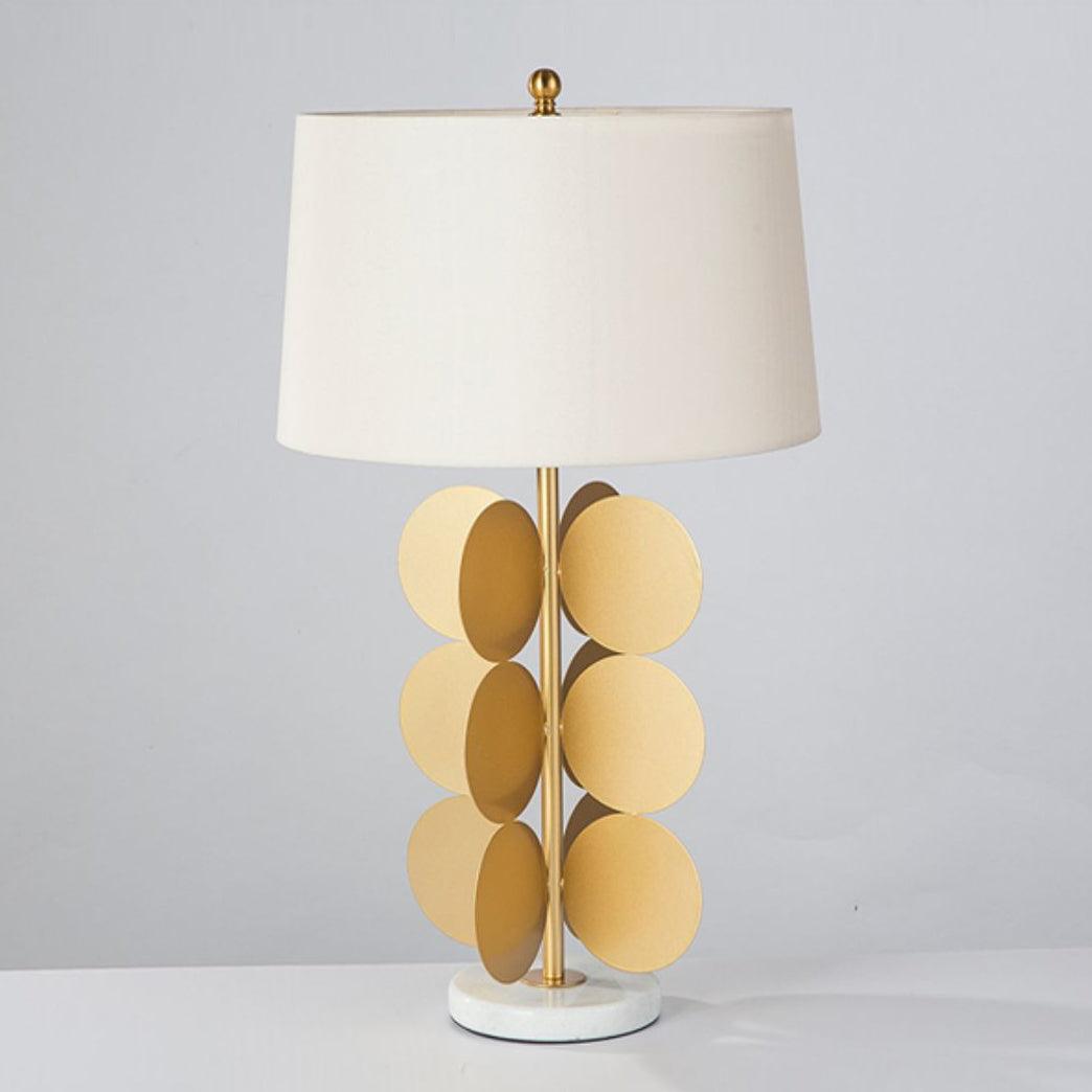 Sculptural Gold Metal Circle Table Lamp with Marble Base and White Fabric Shade for Modern Decor