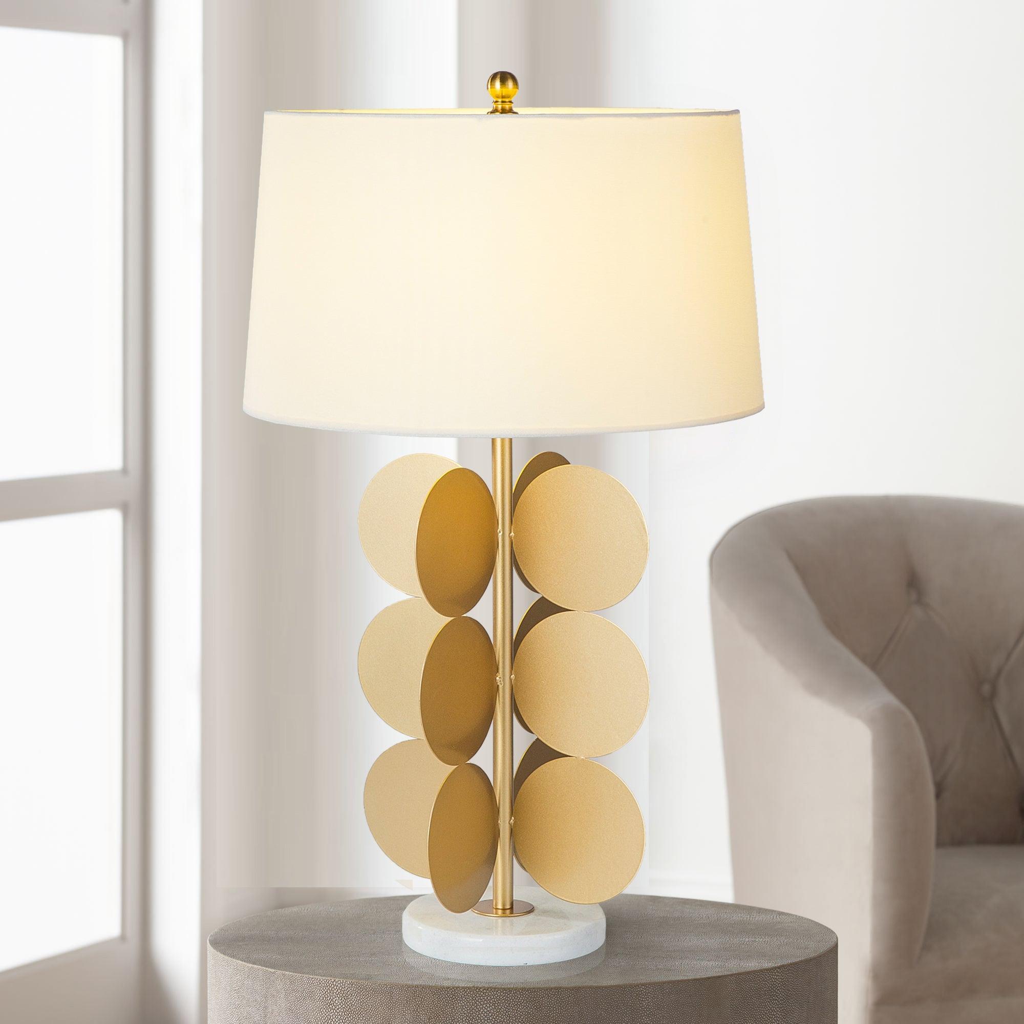 Sculptural Gold Metal Circle Table Lamp with Marble Base and White Fabric Shade for Modern Decor