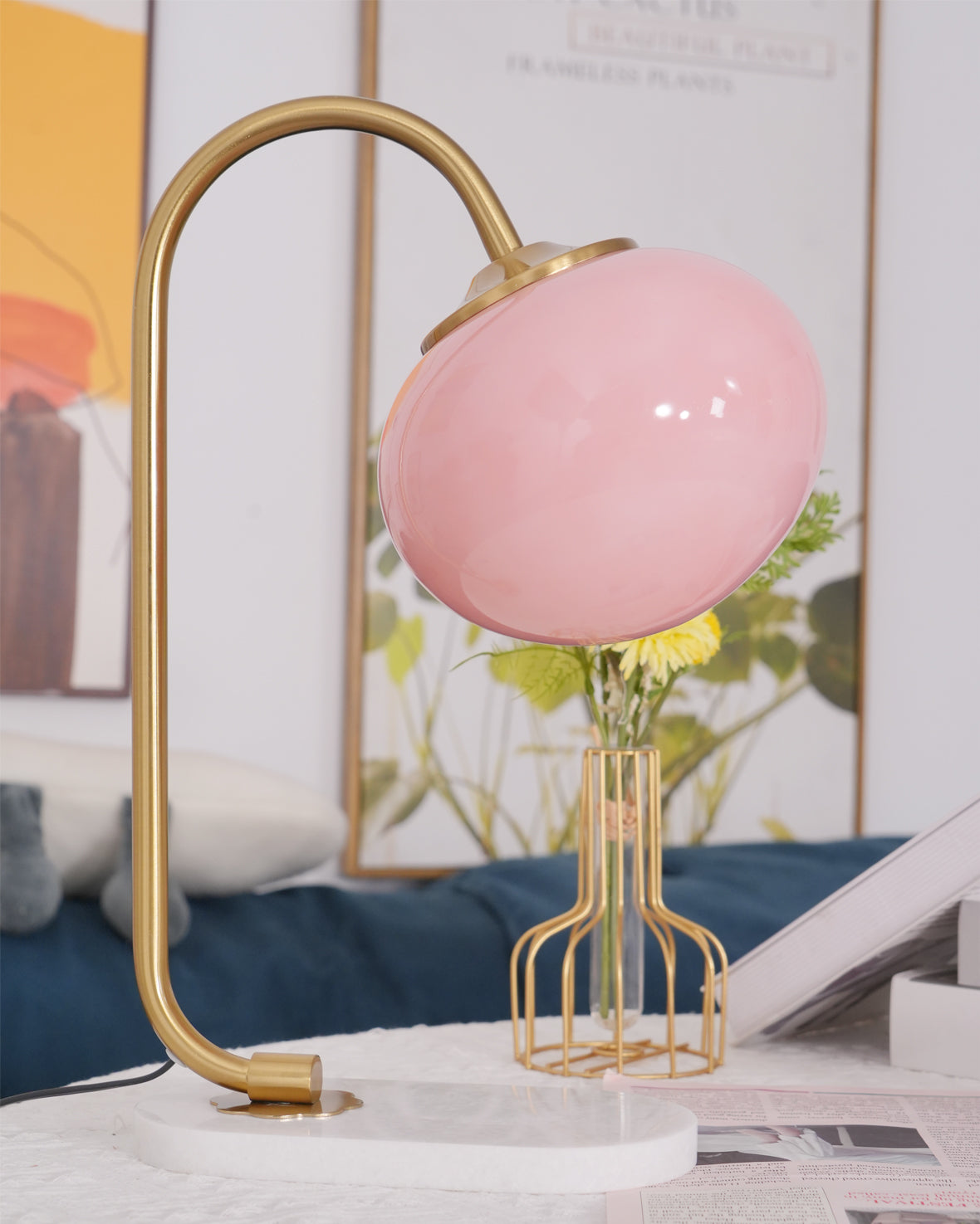 Elegant Geometric Table Lamp with Pink Glass Shade and Marble Base Gold Finish