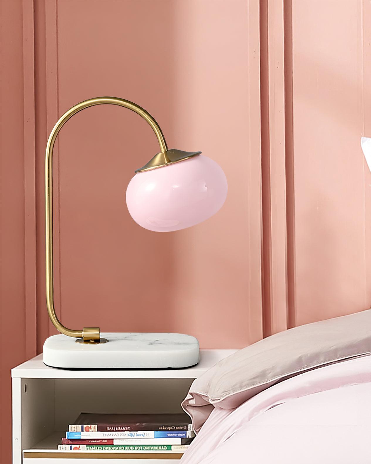 Elegant Geometric Table Lamp with Pink Glass Shade and Marble Base Gold Finish
