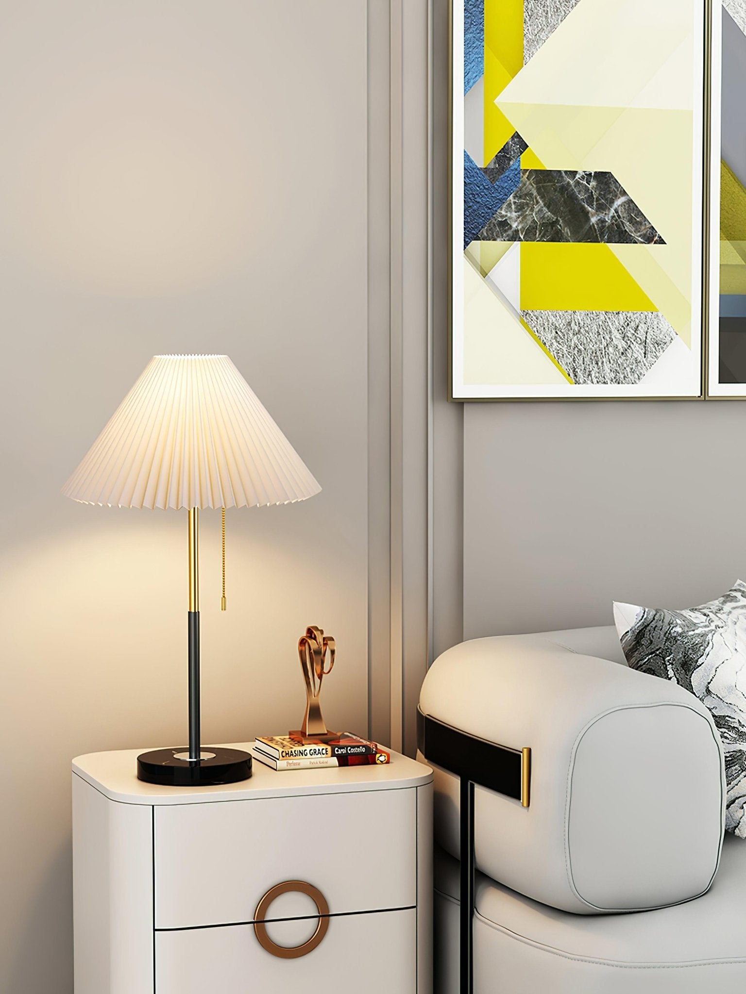 Elegant Pleated Fabric Table Lamp with Solid Marble Base Modern Nightstand Lighting for Living Room