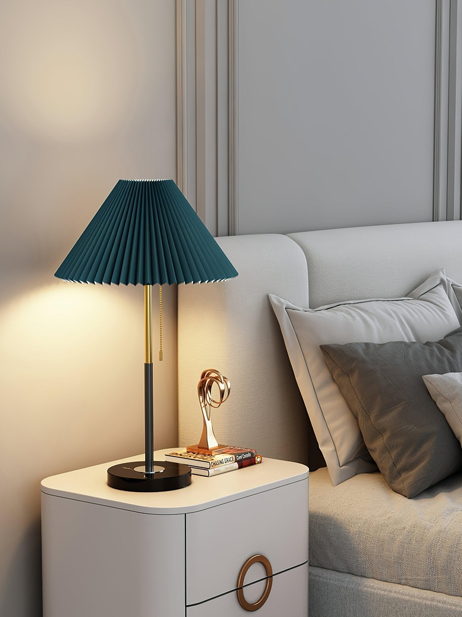 Elegant Pleated Fabric Table Lamp with Solid Marble Base Modern Nightstand Lighting for Living Room