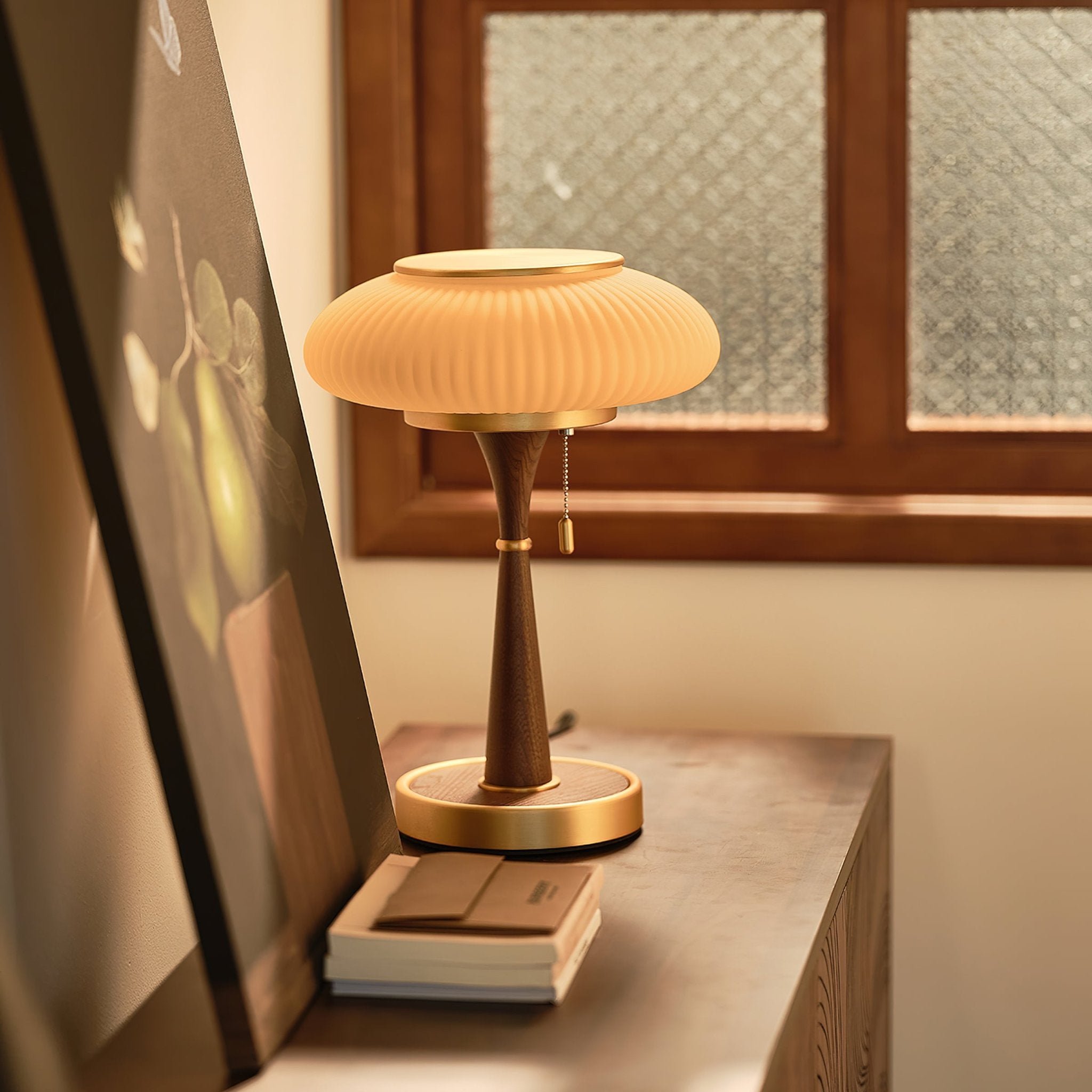 Matsutake Mushroom Table Lamp Mid Century Glass Bedside Light with Wood Base