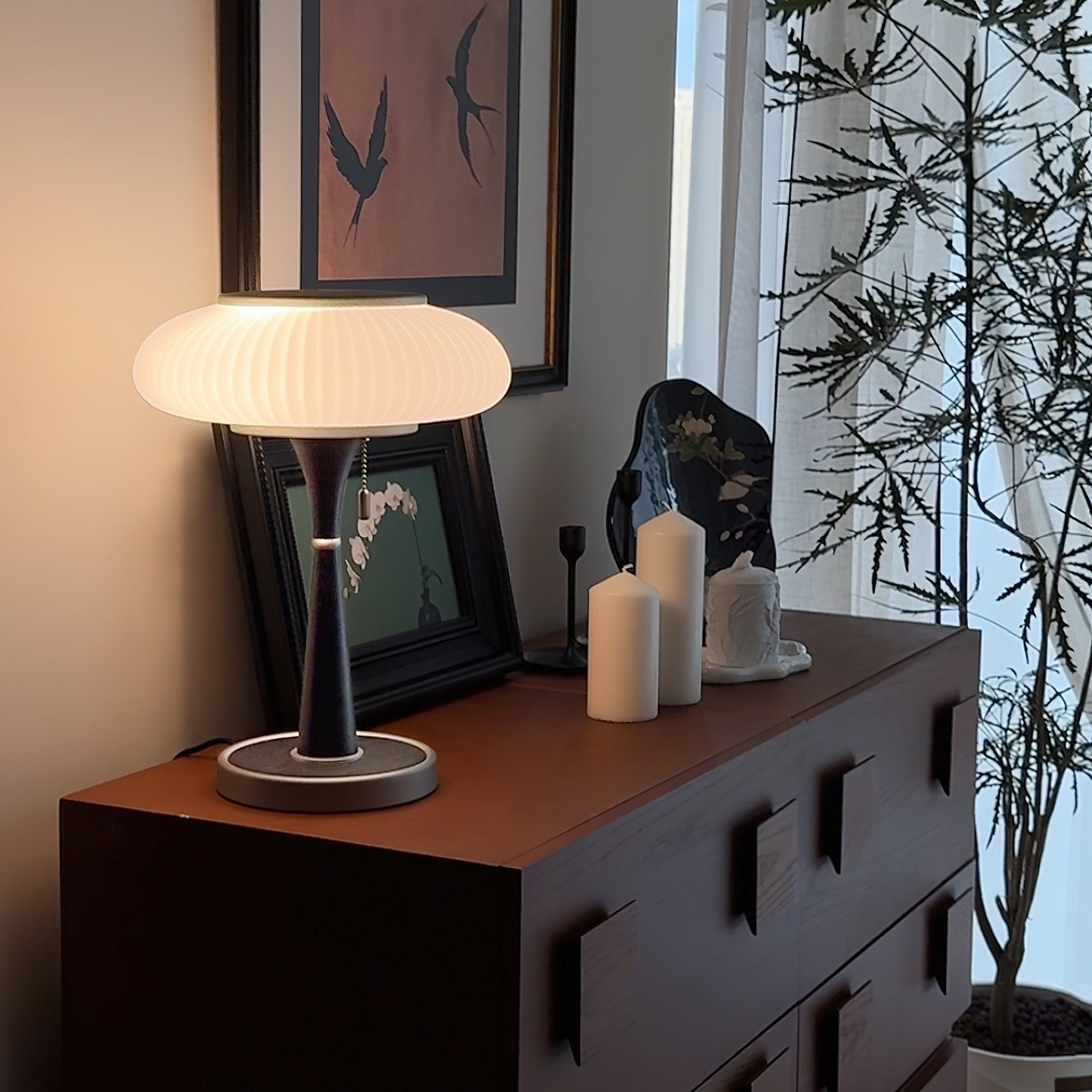 Matsutake Mushroom Table Lamp Mid Century Glass Bedside Light with Wood Base