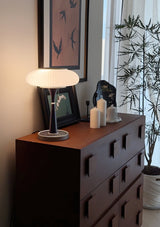 Matsutake Mushroom Table Lamp Mid Century Glass Bedside Light with Wood Base