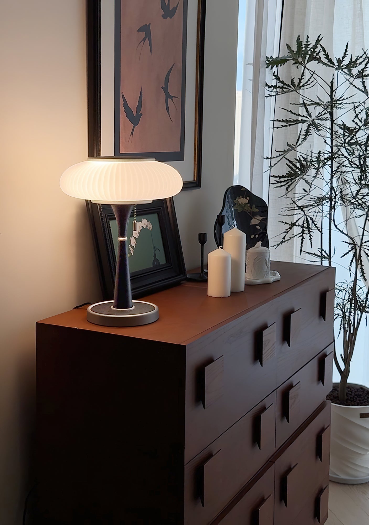 Matsutake Mushroom Table Lamp Mid Century Glass Bedside Light with Wood Base