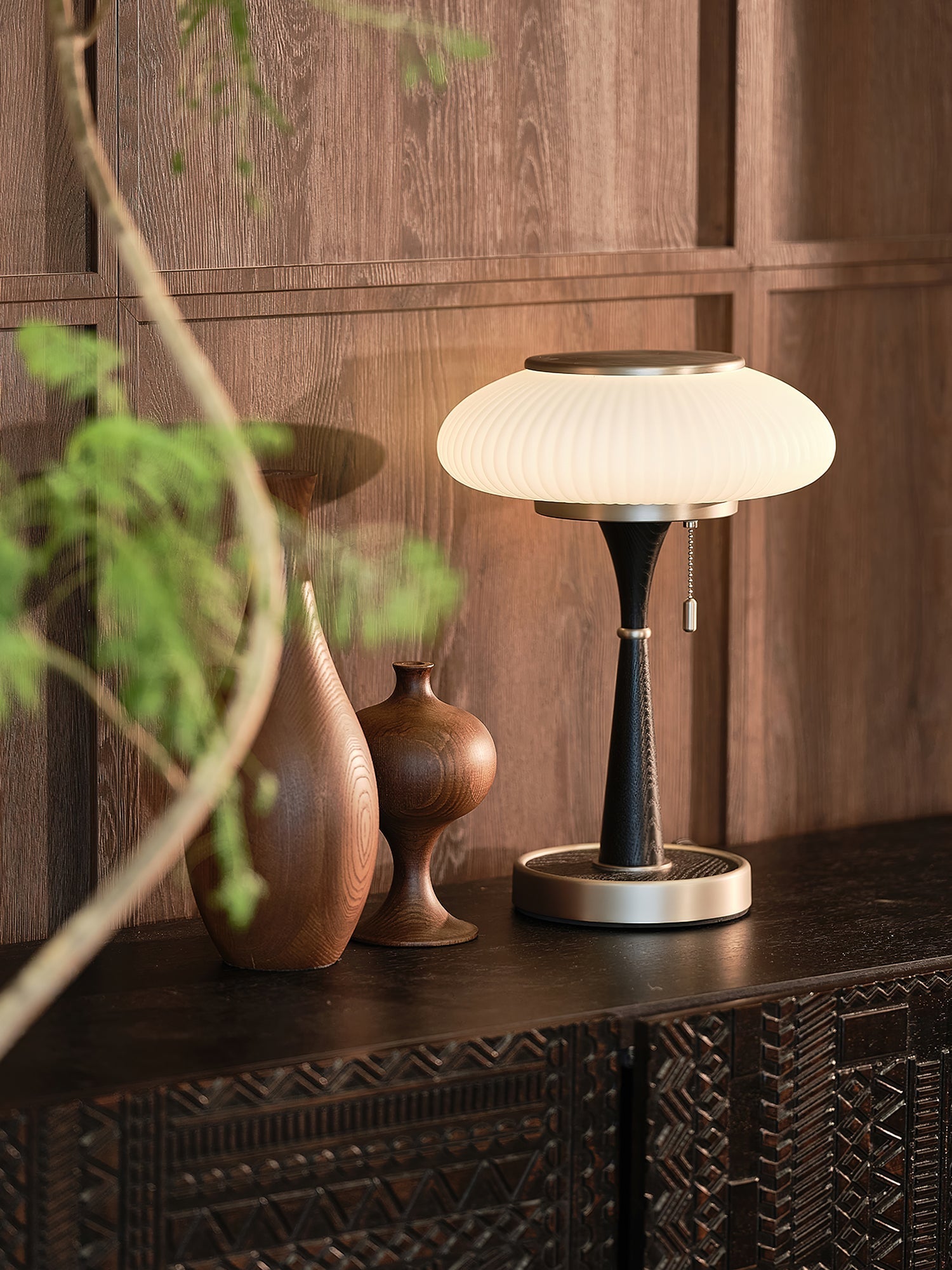 Matsutake Mushroom Table Lamp Mid Century Glass Bedside Light with Wood Base