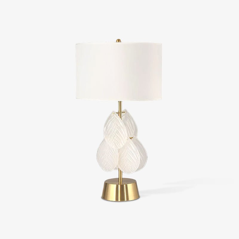 Modern Antique Gold Table Lamp with Clear Glass Leaf Accents and Fabric Drum Shade