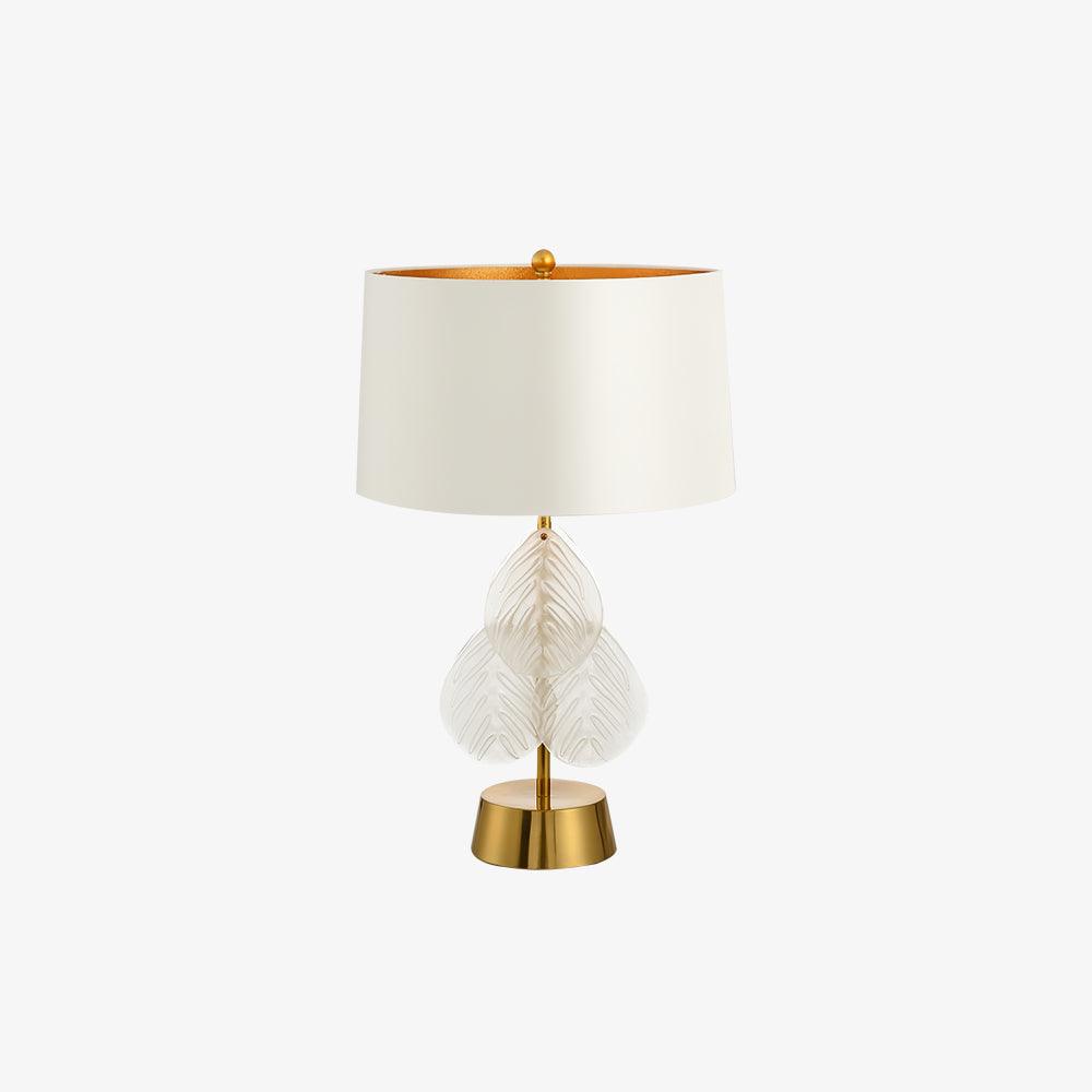 Modern Antique Gold Table Lamp with Clear Glass Leaf Accents and Fabric Drum Shade