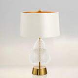 Modern Antique Gold Table Lamp with Clear Glass Leaf Accents and Fabric Drum Shade