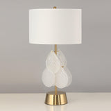 Modern Antique Gold Table Lamp with Clear Glass Leaf Accents and Fabric Drum Shade