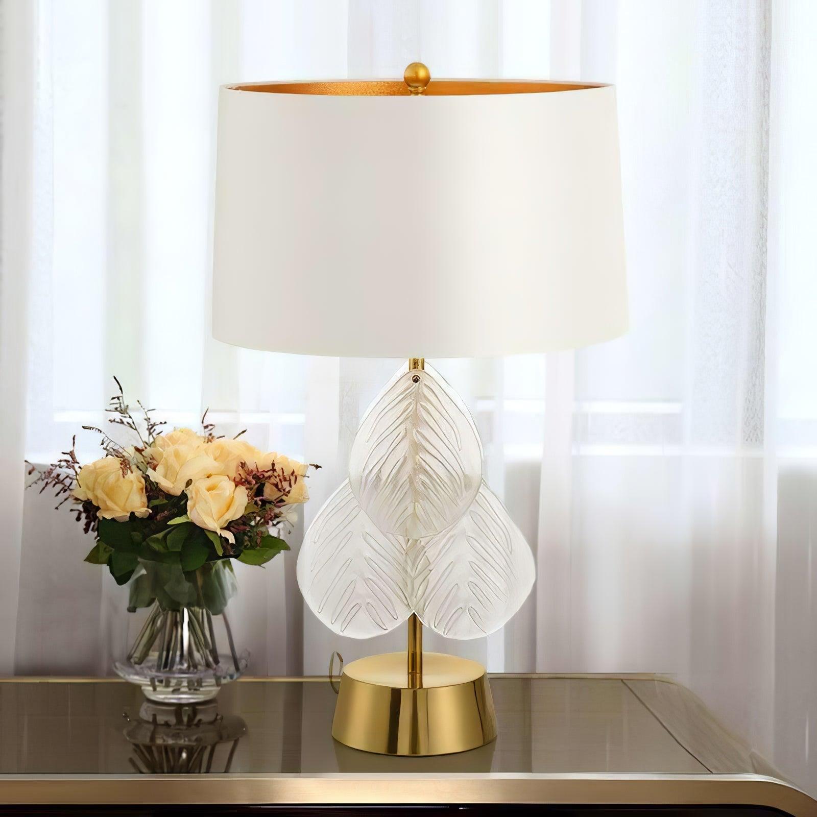 Modern Antique Gold Table Lamp with Clear Glass Leaf Accents and Fabric Drum Shade
